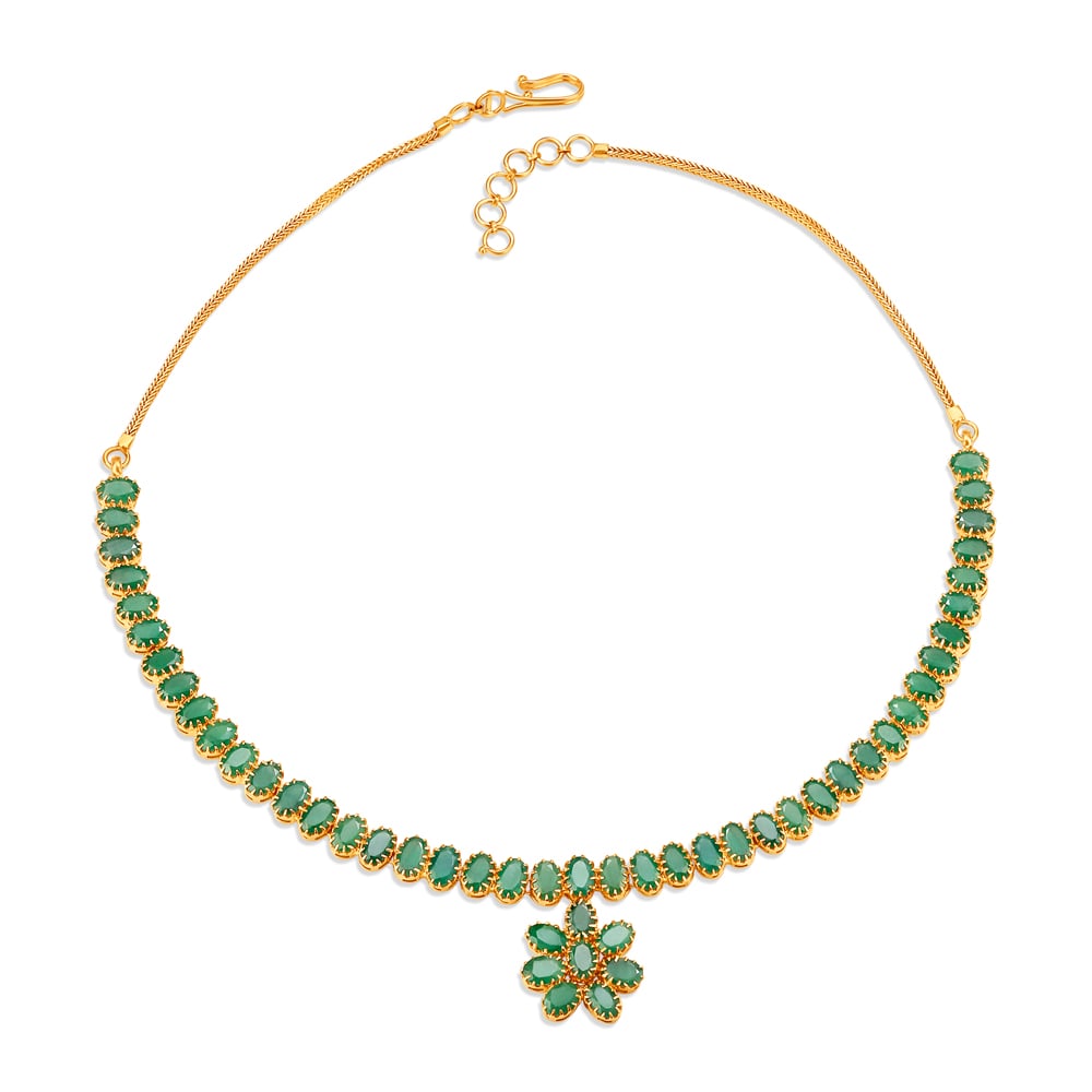 Floral Motif Modern Ruby Studded Gold Necklace
Floral Motif Modern Ruby Studded Gold Necklace