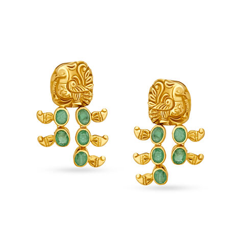 Peacock Motif Emerald Gold Drop Earrings