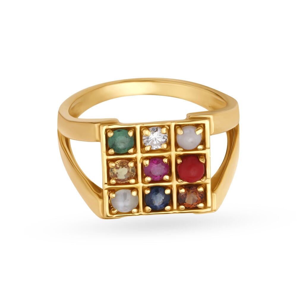 Vibrant 22 Karat Yellow Gold And Multi Stone Square Finger Ring