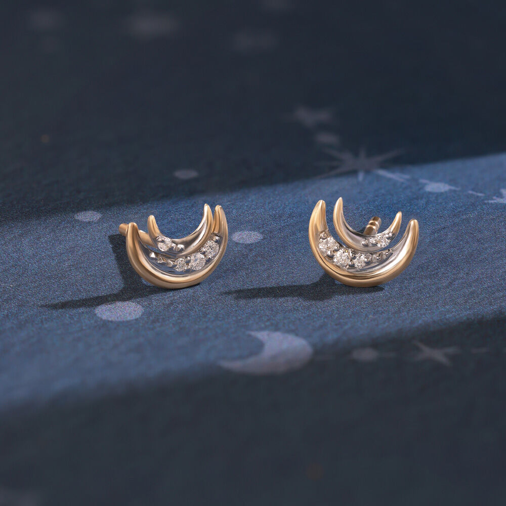 Moonlight Serenade 14KT Crescent Moon Diamond Stud Earring