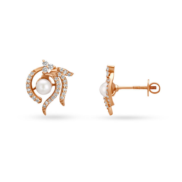 Genteel Flower Pearl and Diamond Rose Gold Stud Earrings