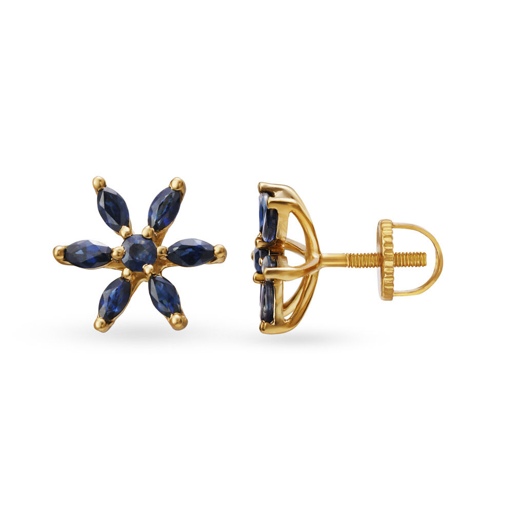 Ethereal 18 Karat Yellow Gold And Sapphire Floral Studs