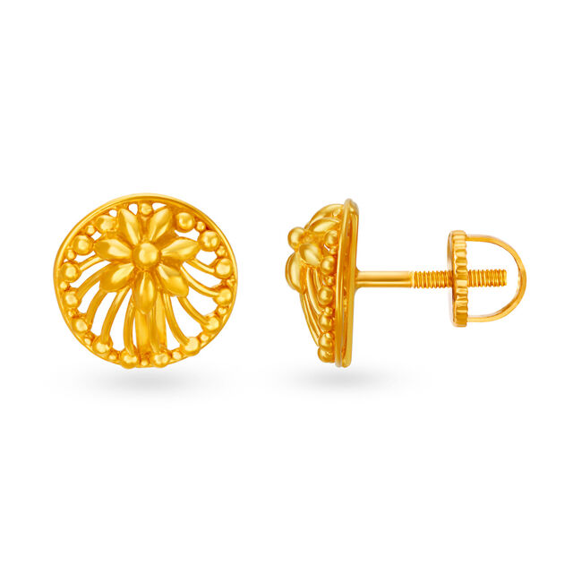Minimalistic 22 Karat Yellow Gold Floral Stud Earrings,,hi-res image number null