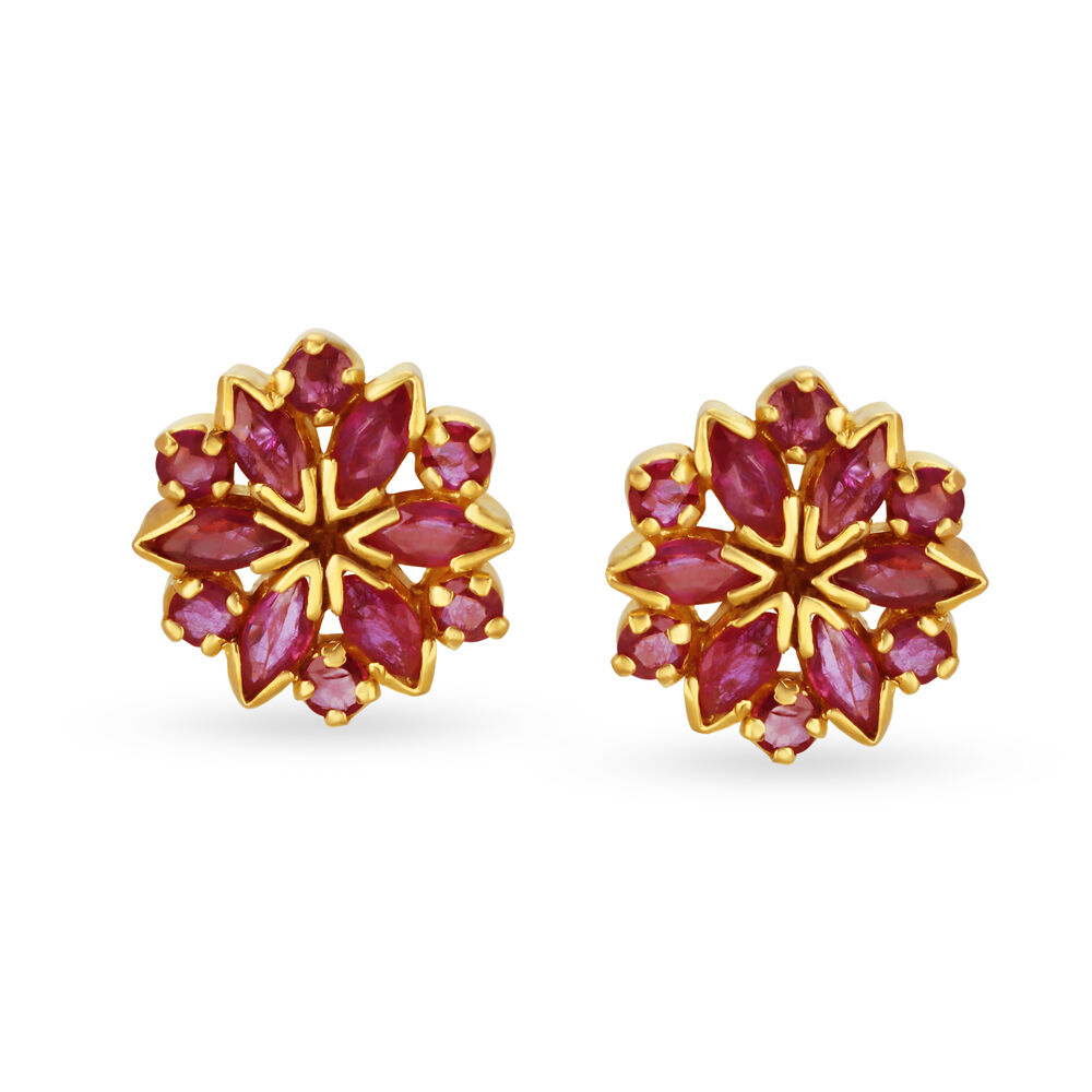 Brilliant 22 Karat Yellow Gold And Ruby Floral Studs