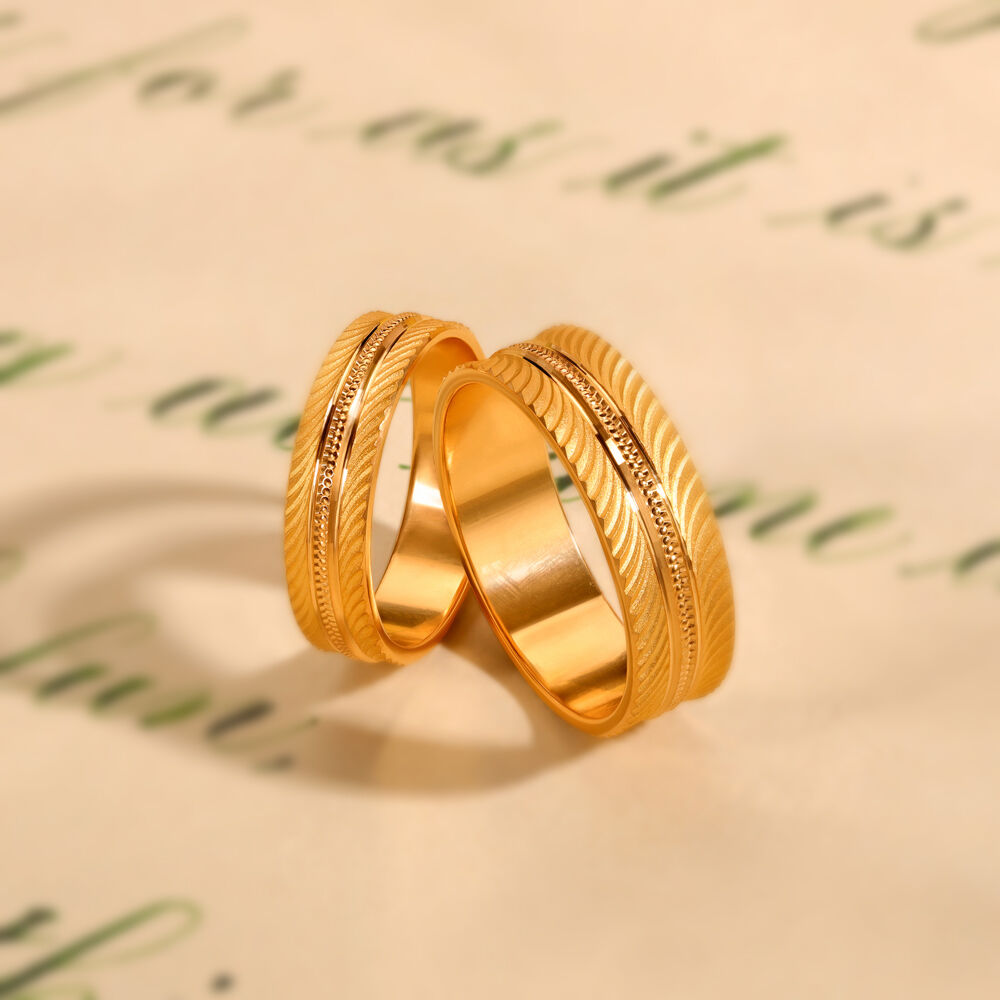 Wedding rings set for couple: gold wave ring for man, ivy leaves emerald  ring for woman | Eden Garden Jewelry™