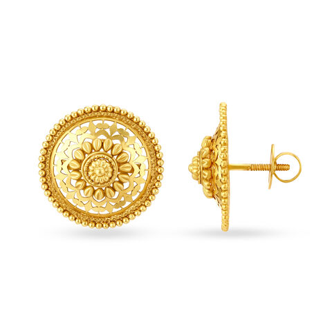 Regal 18 Karat Yellow Gold Floral Chakra Stud Earrings