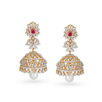 Glimmering Traditional Emerald, Pearl, Ruby and Diamond Two Layer Jhumkas