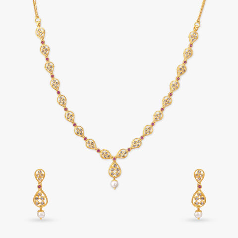 Shimmer Bloom Gold open Polki Necklace Set