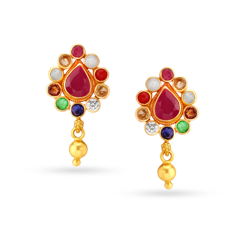 Ruby Sapphire Pearl Emerald Floral Gold Drop Earrings