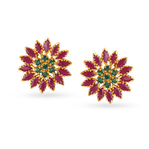 Radiant Ruby and Emerald Blossom Stud Earrings