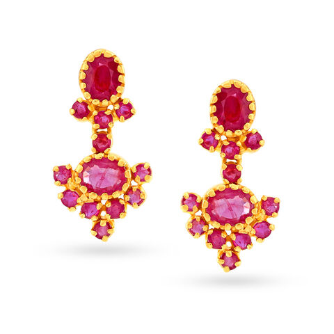 Entrancing 22 Karat Gold And Ruby Cross Drop Earrings