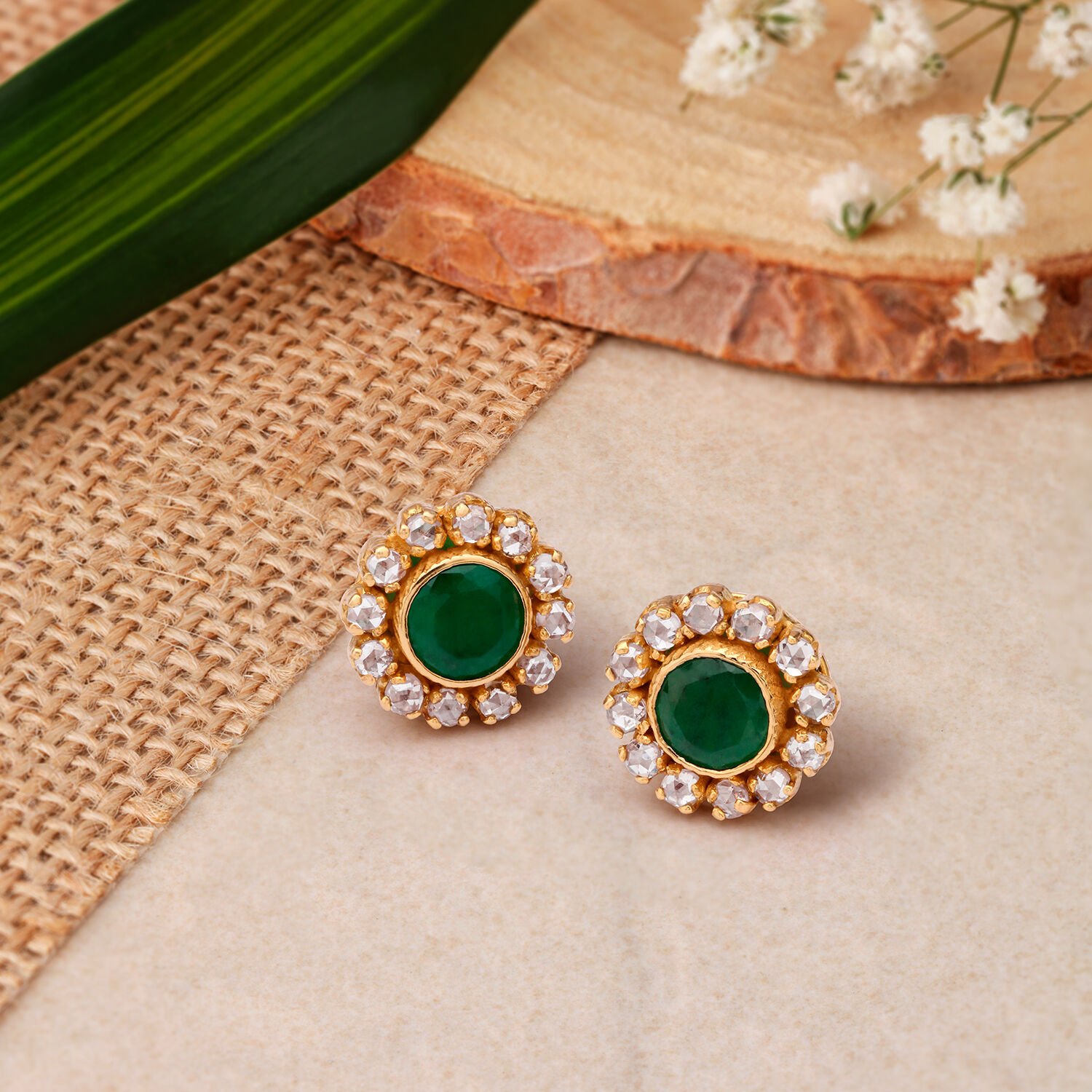 Majestic Traditional Stud Earrings with Chakri Diamonds and Emeralds