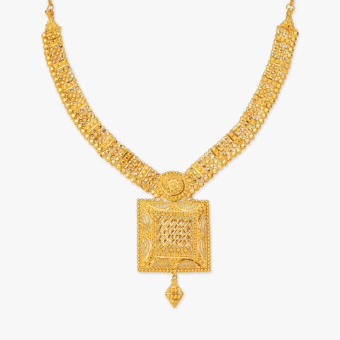 Dazzling 22 Karat Yellow Gold Beaded Frame Necklace And Earrings Set