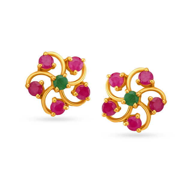 Emerald And Ruby Floral Gold Stud Earrings