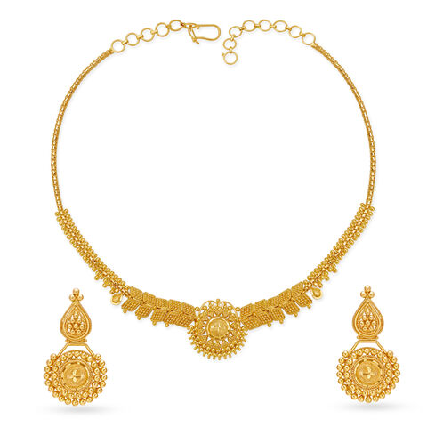 Intricate Yellow Gold Beaded Necklace and Earrings Set