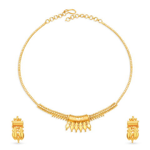 Classical Yellow Gold Beaded Necklace and Earrings Set
