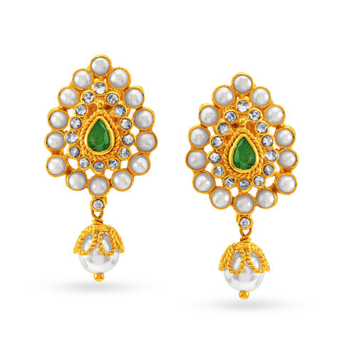 Emerald And Pearl Gold Pendant And Earrings Set