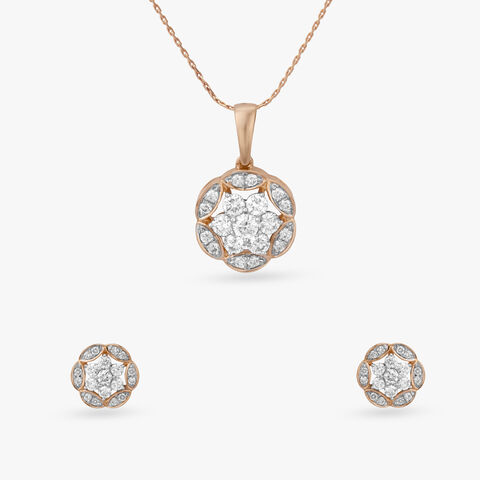 Floral Halo Diamond Pendant and Earrings Set