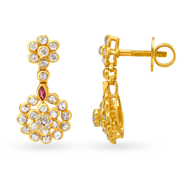 Dazzling 22 Karat Yellow Gold And Polki Diamond Floral Drops,,hi-res image number null