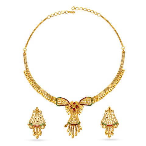 Traditional Yellow Gold Floral Necklace and Earrings Set