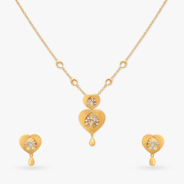 Double Heart Gold Pendant with Chain and Earrings Set