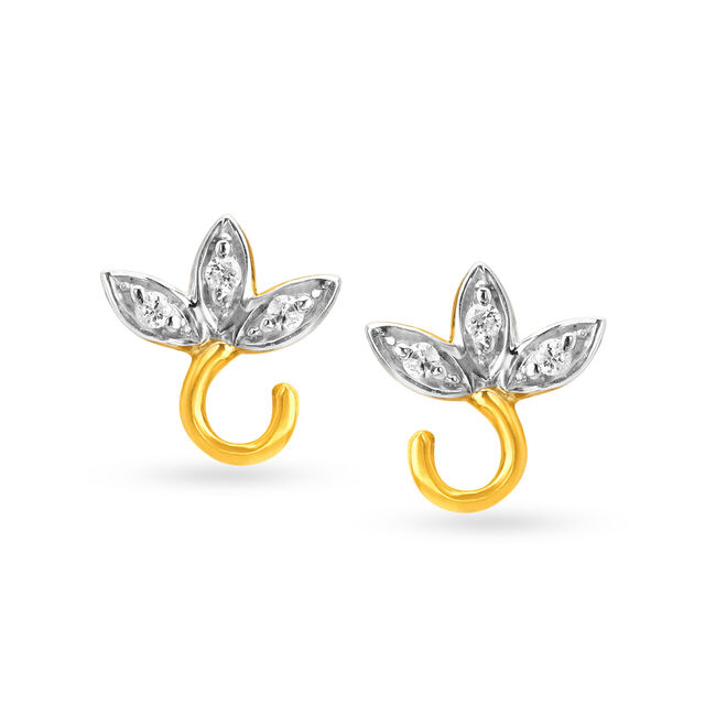 Delightful 18 Karat Yellow Gold And Diamond Studded Leaf Earrings,,hi-res image number null