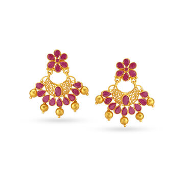 Ruby Floral Gold Drop Earrings