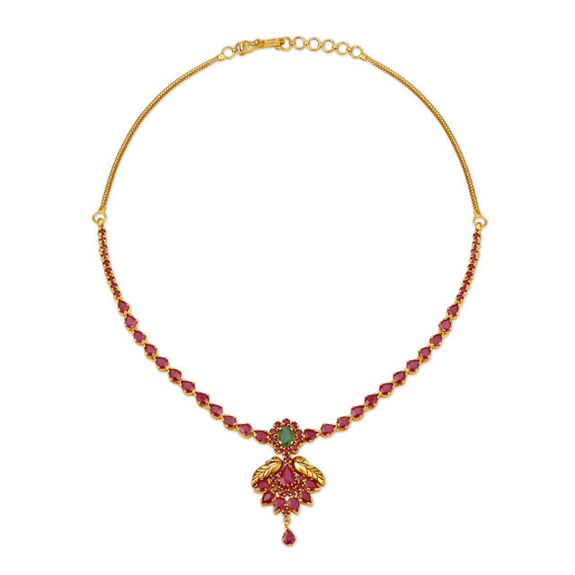 Alluring Peacock Design Emerald And Ruby Gold Necklace