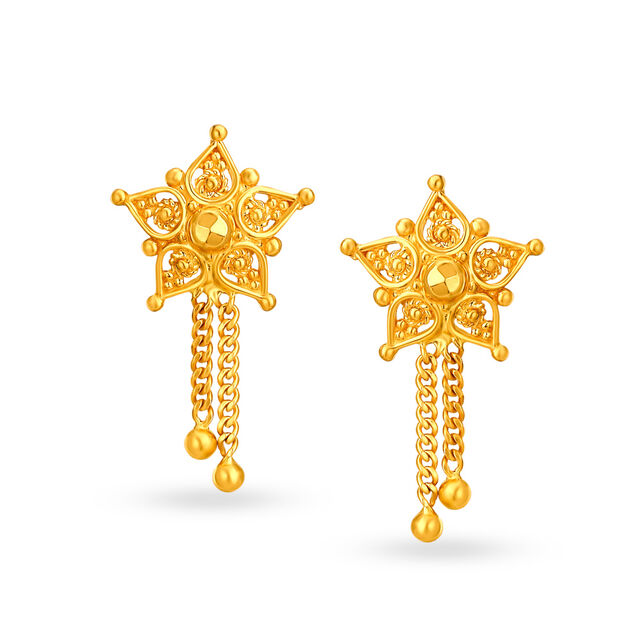 Floral Chain Embellished Modern Gold Drop Earrings,,hi-res image number null