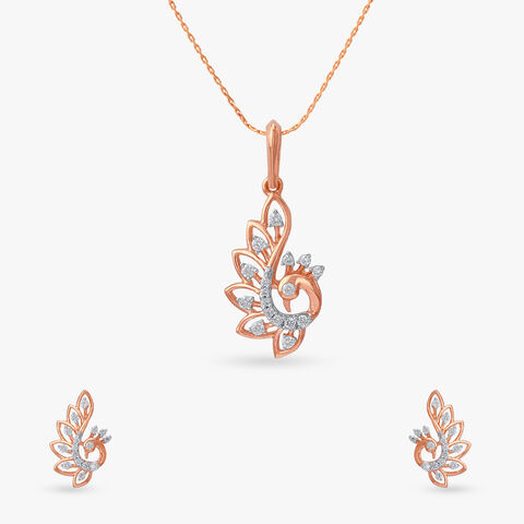 Floral Peacock Diamond Pendant and Earrings Set