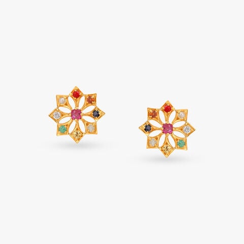 Starburst Navaratna Diamond Stud Earrings