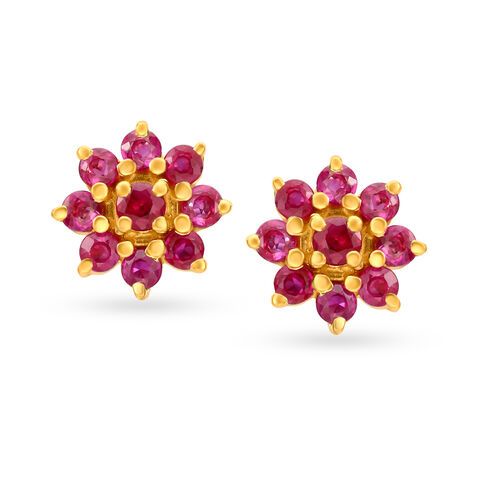 Irresistible 18 Karat Yellow Gold Ruby-Embellished Petals Stud Earrings