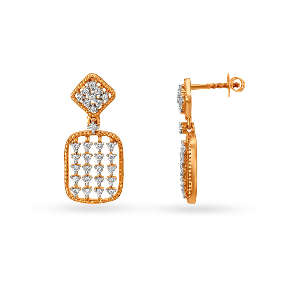 Intricate 18KT Rose Gold Diamond Drop Earrings Tanishq Online Store