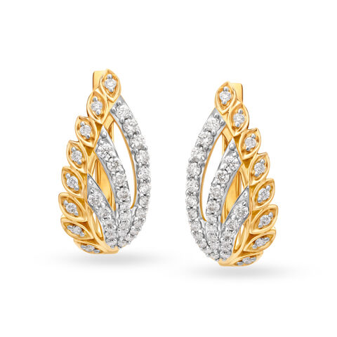 Enchanting 18 Karat Yellow Gold And Diamond Leaf And Stems Hoops
