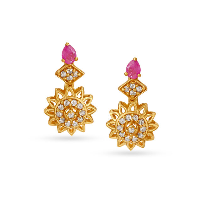 Sun Motif Ruby Studded Gold Drop Earrings,,hi-res image number null