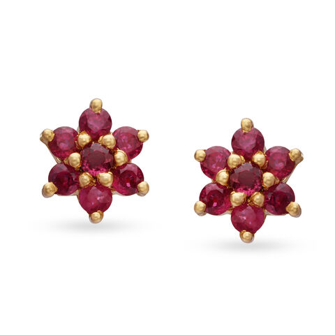 Chic Floral Ruby Gold Stud Earrings