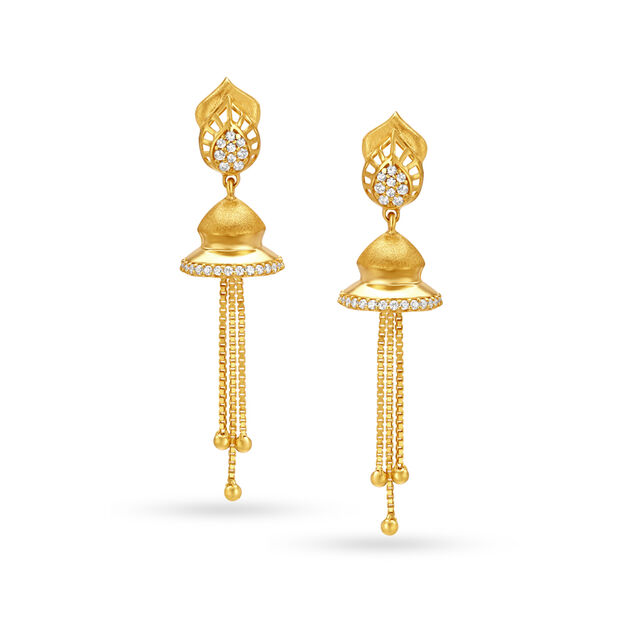 Leaf Motif Hanging Gold Jhumka Earrings,,hi-res image number null
