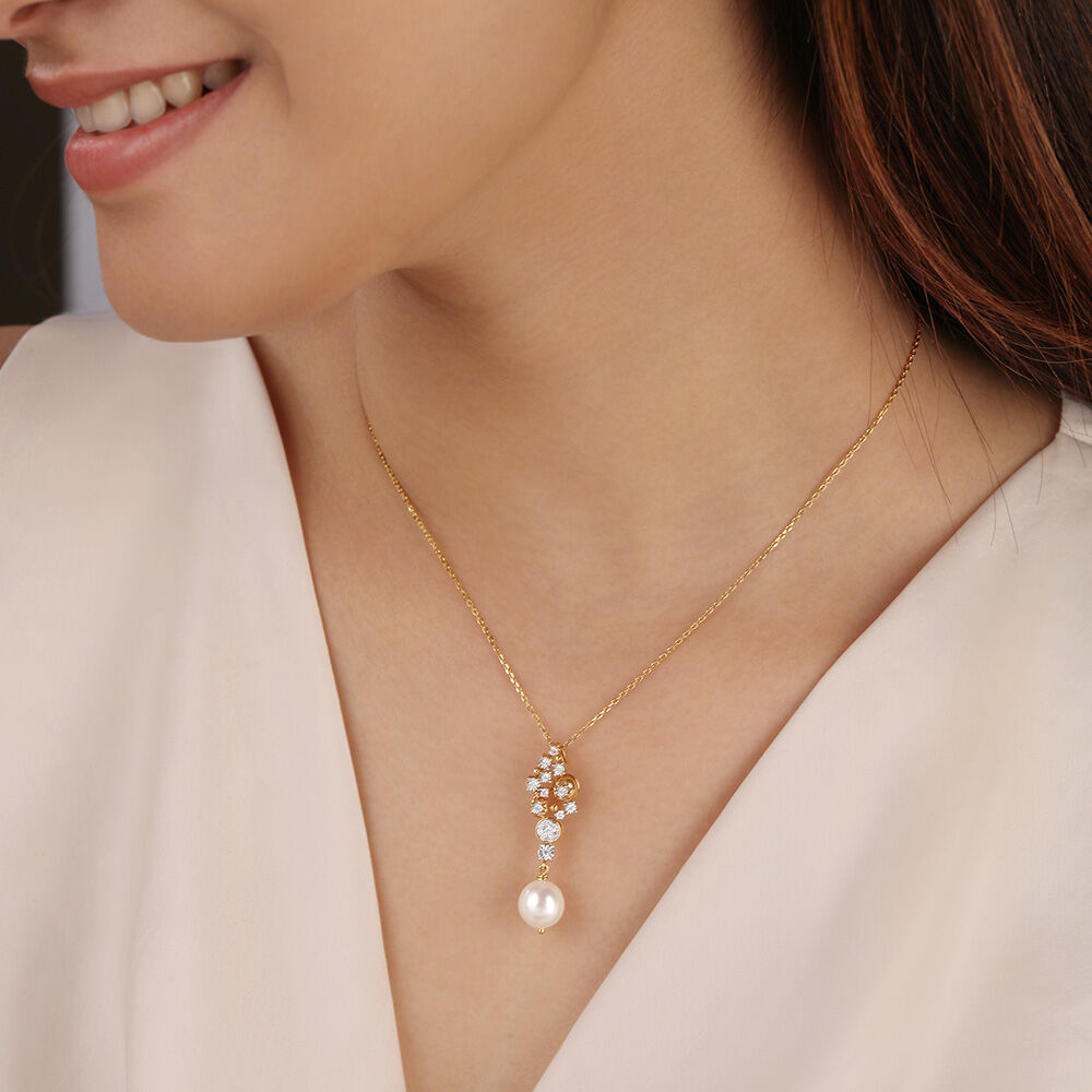 Starlit Glistening 14KT Diamond and Pearl Pendant