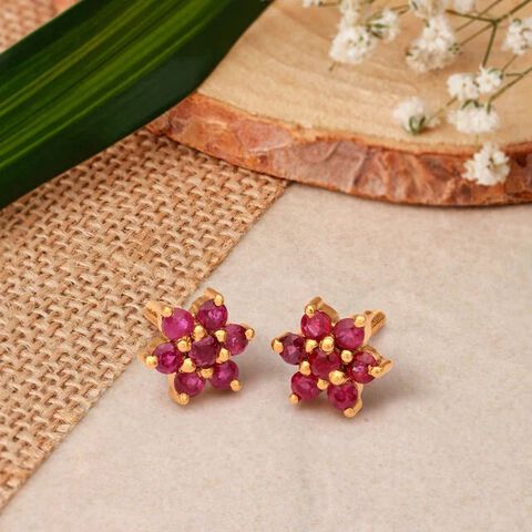 Chic Floral Ruby Gold Stud Earrings