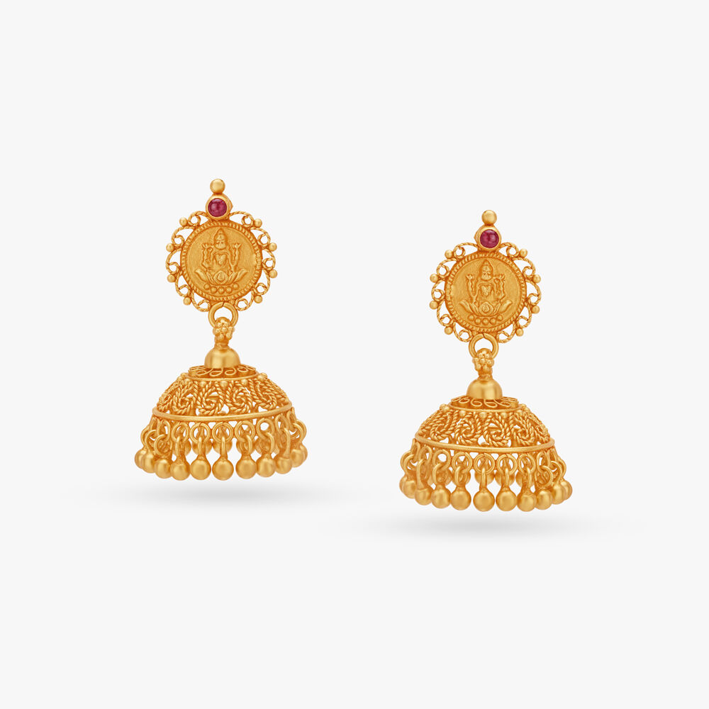 Temple Jewellery - 22K Gold 'Lakshmi / Peacock' Jhumkas (Buttalu) - Gold  Dangle Earrings with Beads - 235-GJH2232 in 31.450 Grams