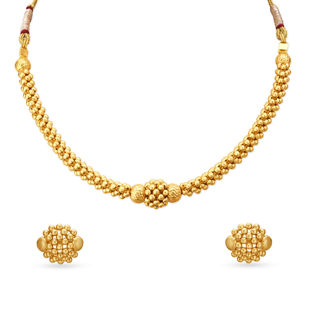 Striking Yellow Gold Beaded Necklace and Earrings Set
