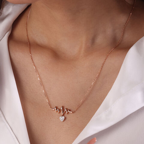 14KT Rose Gold Heartbeat Diamond Pendant With Chain