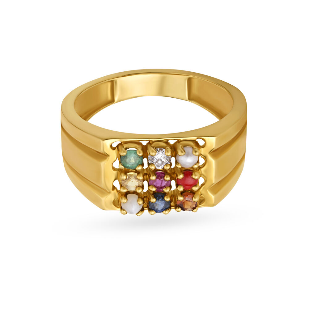 22K Gold Mens Navratna Ring - RiMs18448 - 22k Gold Navaratna ring for Men's.  Ring is designed with studded Precious stones (Ruby, Emerald, Sap