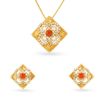 Vibrant Pendant and Earrings Set with Uncut Diamonds and Carnelian