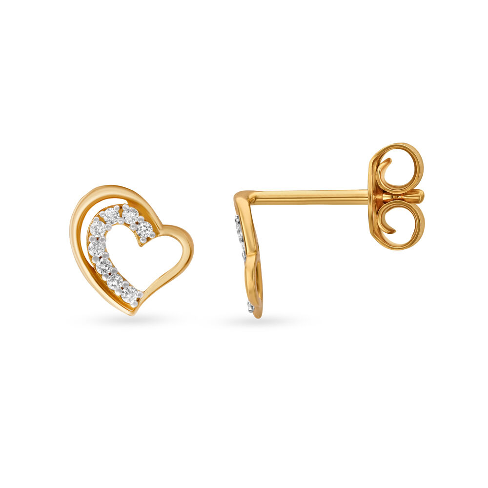 Romantic Love Heart Shaped Diamond and Gold Stud Earrings