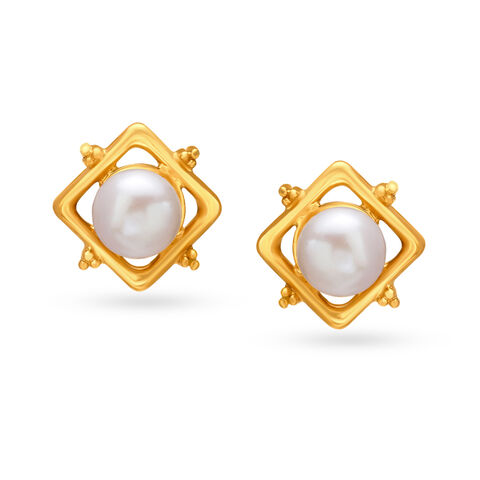 Splendid 18 Karat Yellow Gold And Pearl Square Studs