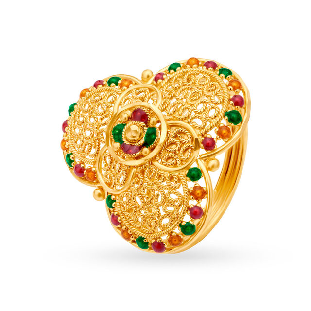 Ornate 22 Karat Yellow Gold Floral Finger Ring,,hi-res image number null