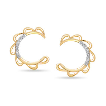 14 KT Yellow Gold Moon Flower Diamond Hoop Earrings