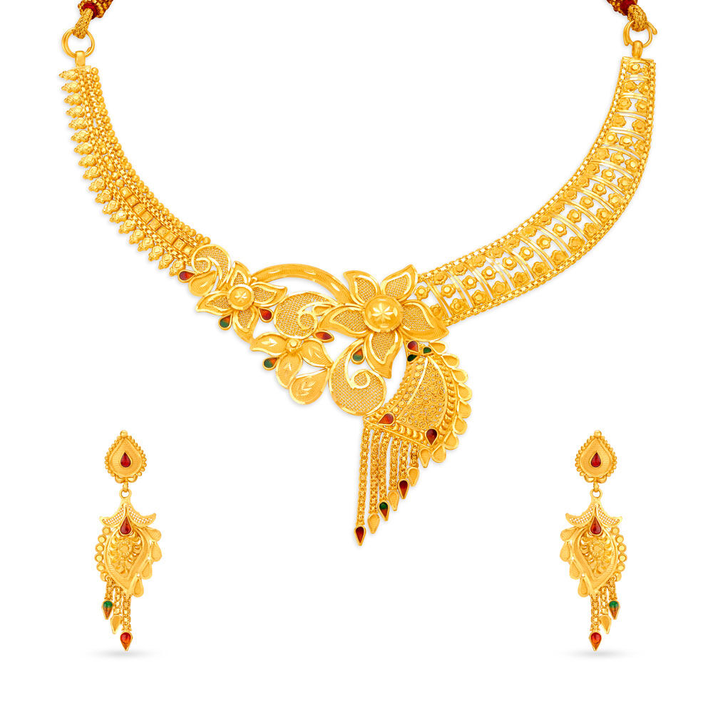 Breath taking Floral Motif Gold Necklace Set