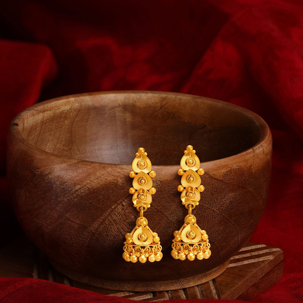Gold Jhumka Earrings with Crystals - Green Jhumka Designs - Geetanjali Jhumka  Earrings by Blingvine